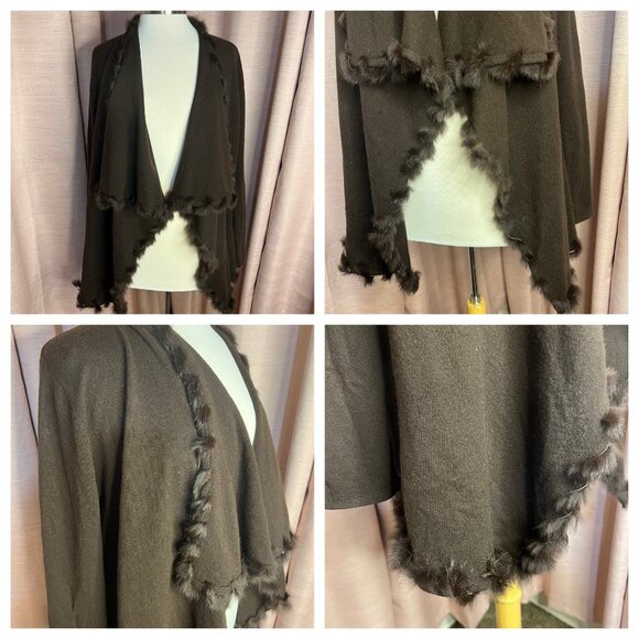 Jones New York Signature L Brown Rabbit Fur Trim Cardigan Viscose/Lamb Wool - Picture 10 of 16